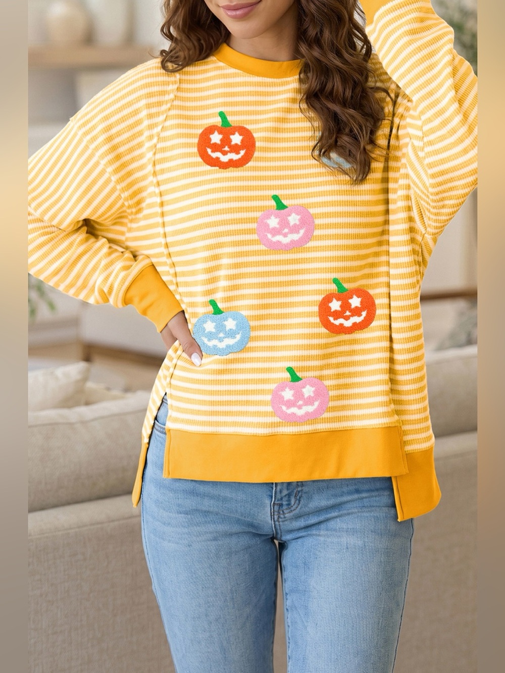 Stripe Halloween Pumpkin Face Waffle Knit Pullover Loose Top with Slits